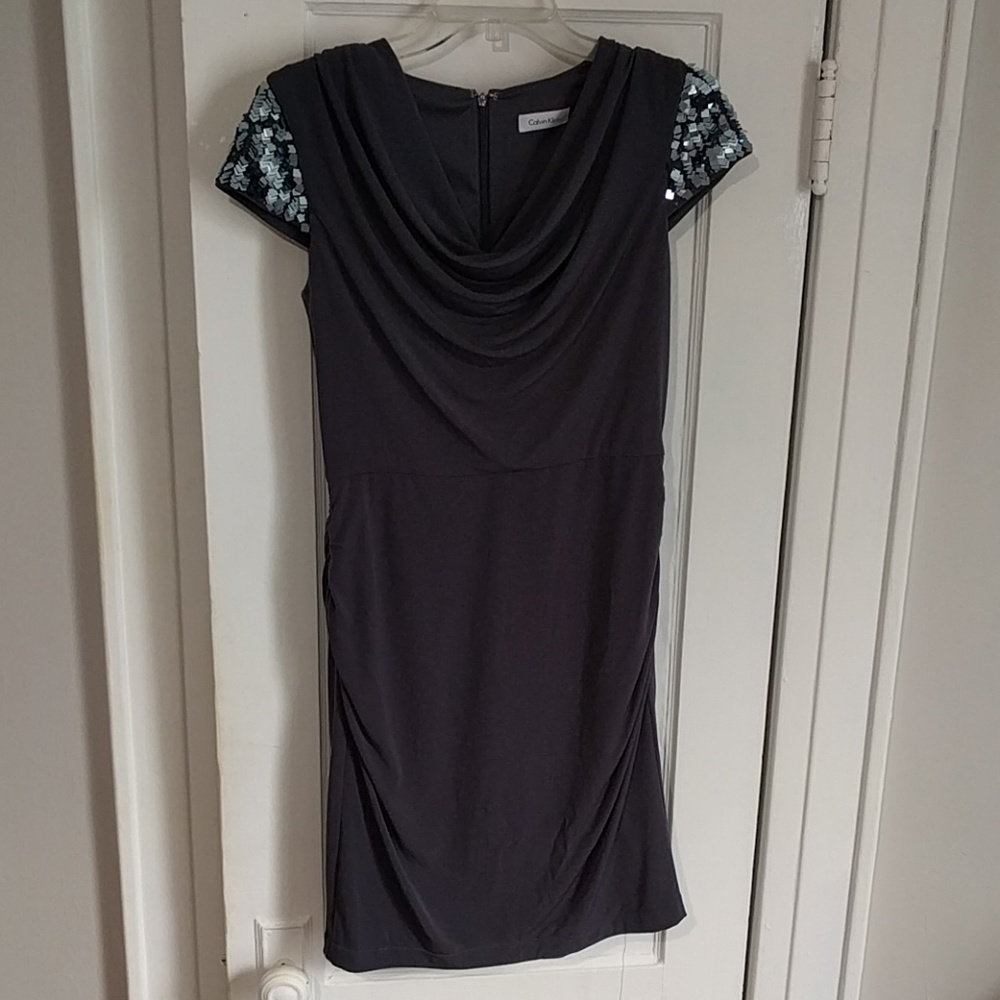 Grey cowl CK party dress with sequined cap sleeves